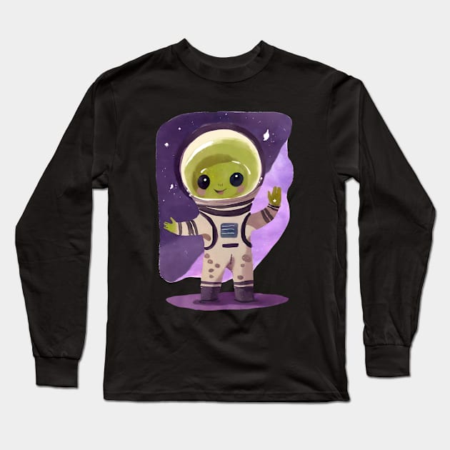 Cute Watercolor Space Alien Astronaut Long Sleeve T-Shirt by FarmOfCuties